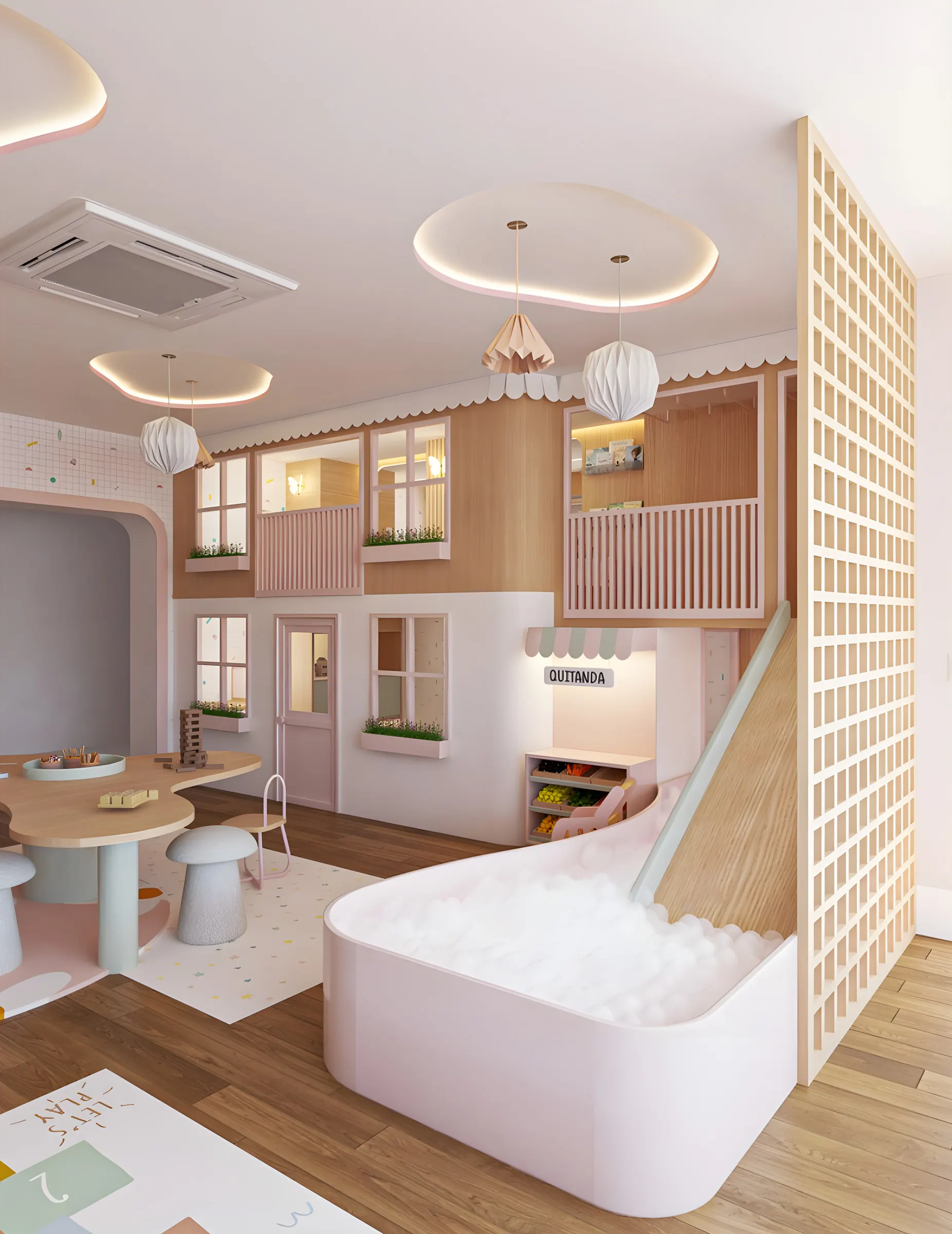 Brinquedoteca com casinha, escorregador e piscina de bolinhas