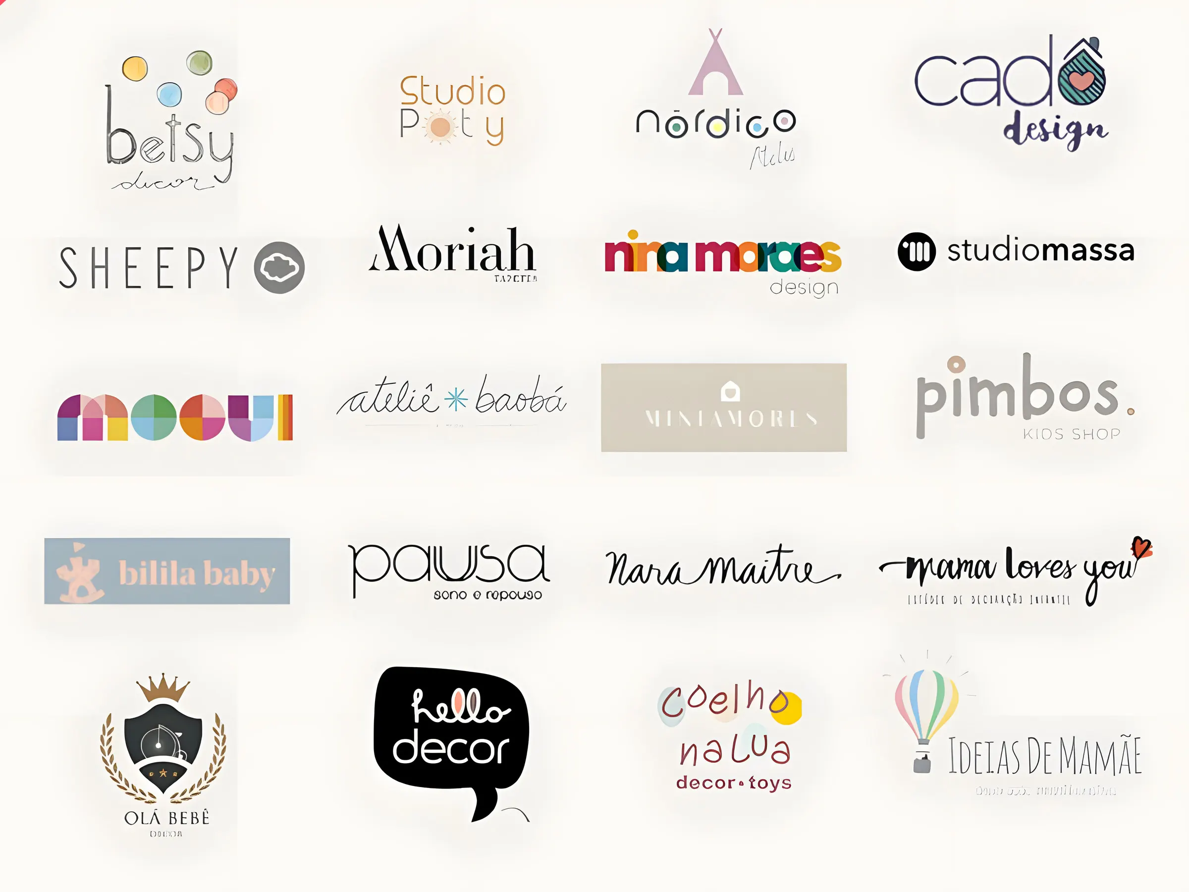 Logos de marcas parceiras do Clube TumTum: Betsy, Studio Poty, Nórdico, Cadô Design, Sheepy, Moriah, Nira Moraes, Studio Massa, Mocui, Ateliê Baobá, Miniamores, Pimbos, Bilila Baby, Pausa, Nara Maitre, Mama Loves You, Olá Bebê, Hello Decor, Coelho na Lua e Ideias de Mamãe