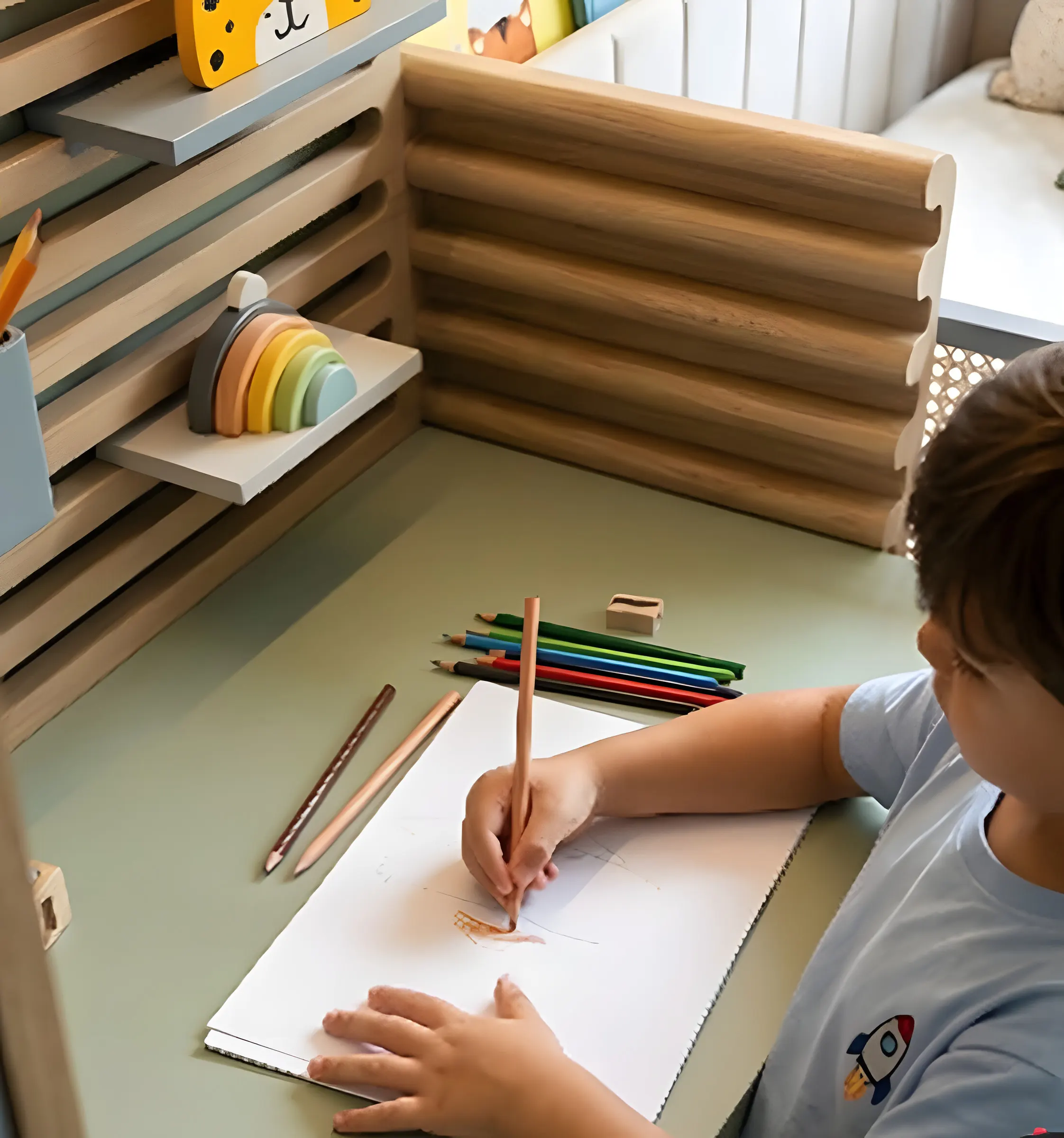 Menino desenhando em uma escrivaninha