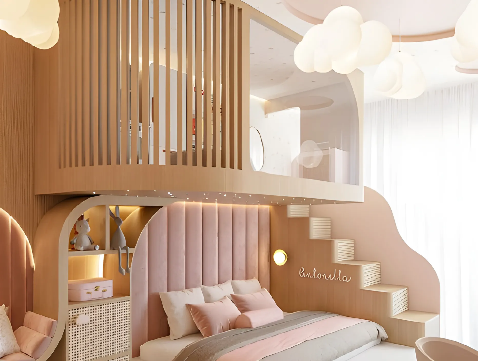 Quarto com cama sob medida e iluminação