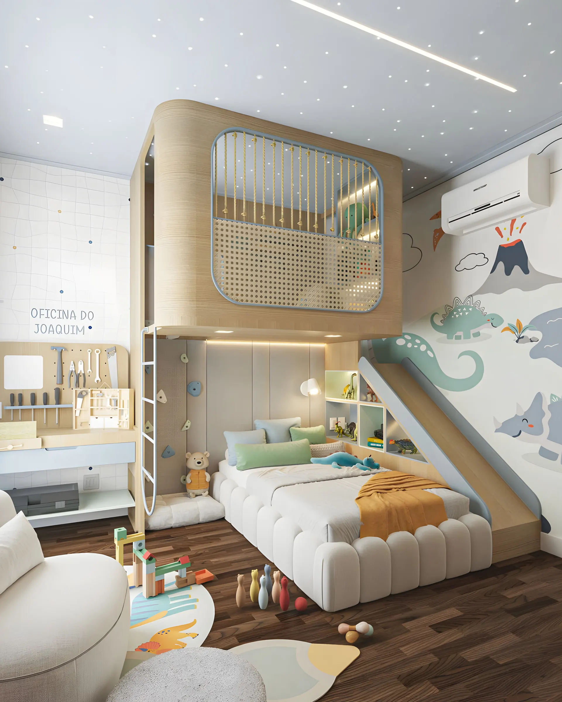 Quarto Oficina do Joaquim com cama elevada e escorregador