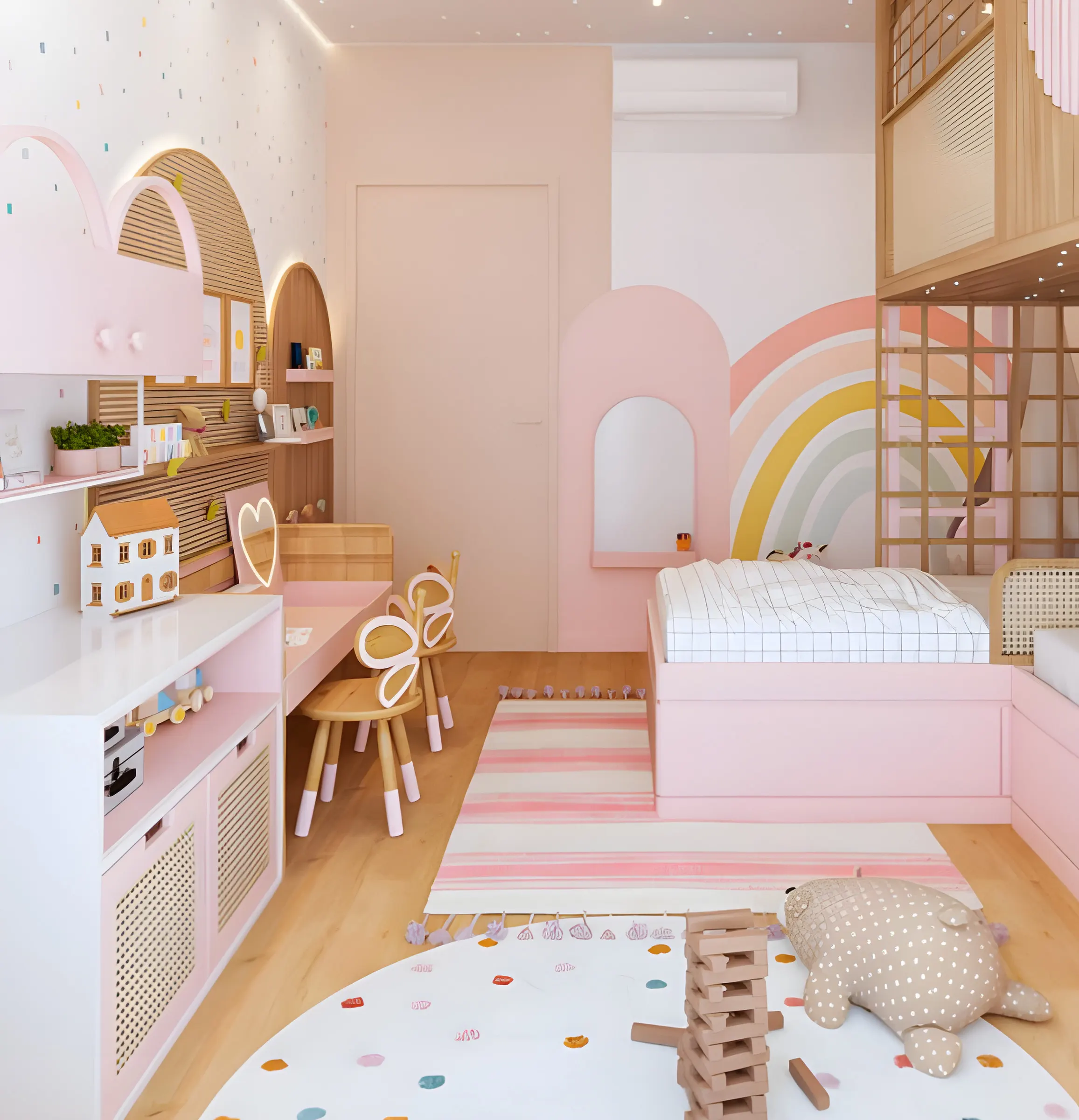 Quarto infantil com parede de arco-íris