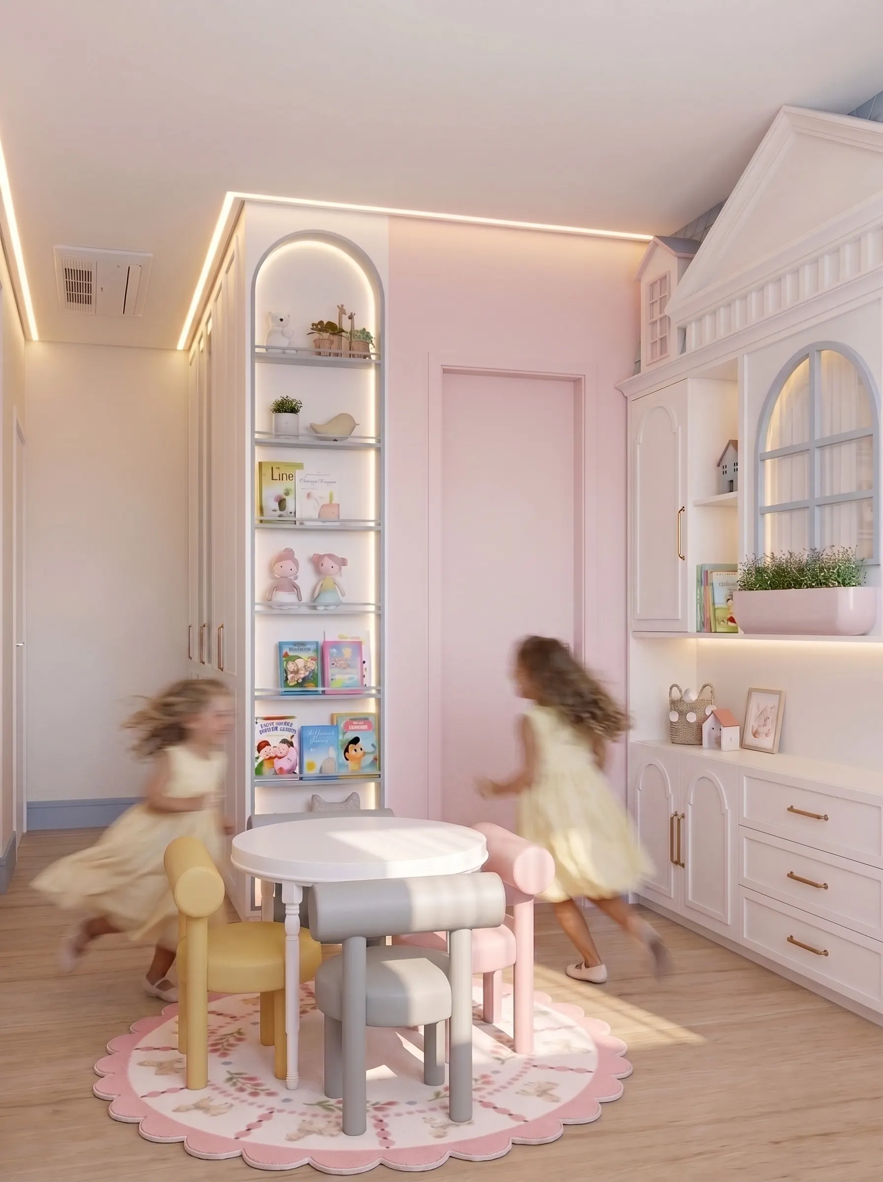 Duas irmãs correndo em volta da mesinha no quarto compartilhado