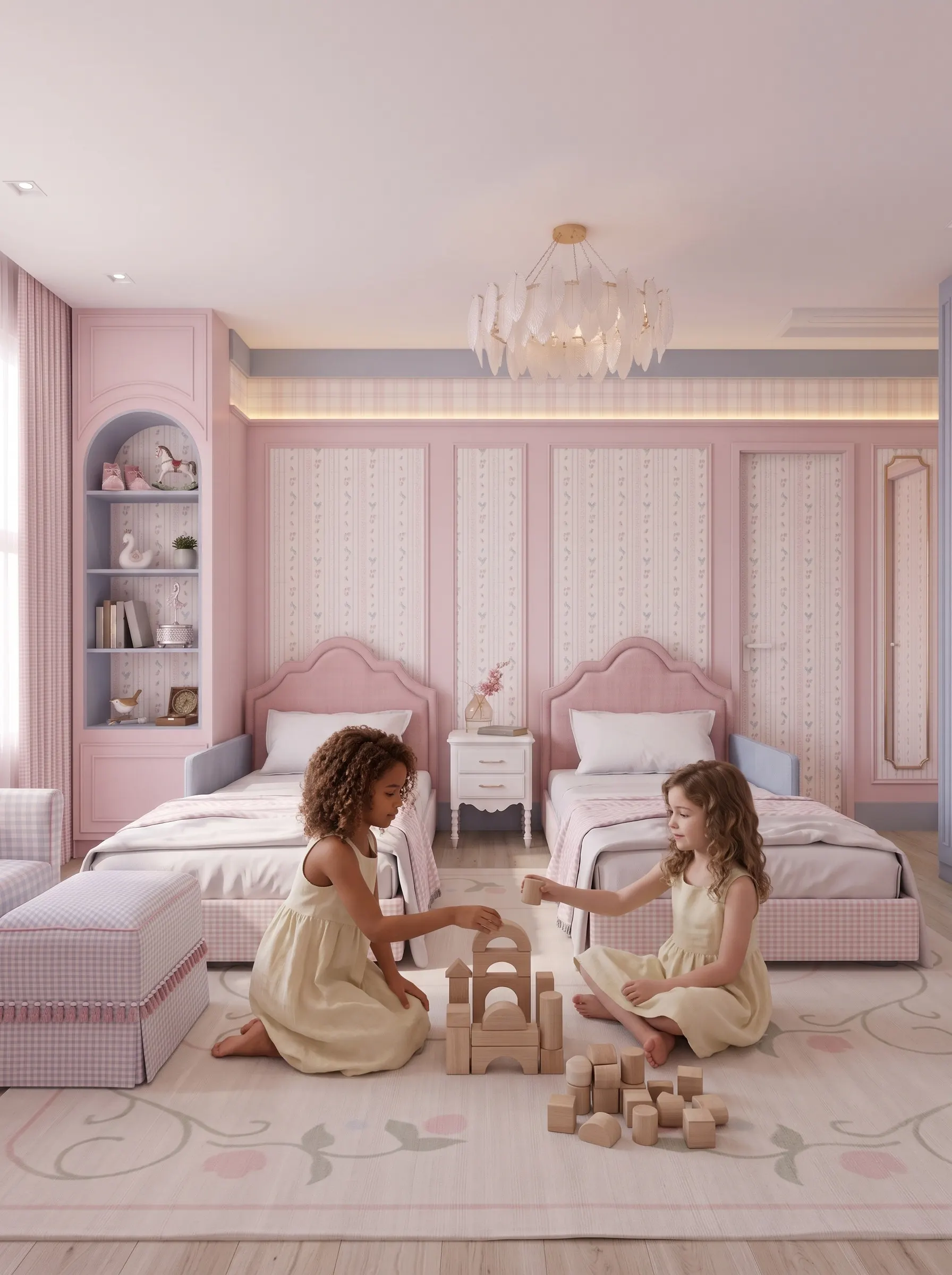 Duas meninas brincando no chão de um quarto rosa com duas camas