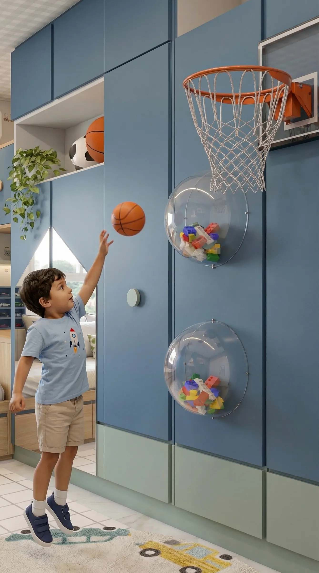 Menino jogando basquete na cesta presa ao armário do quarto, com esferas de acrílico para guardar bolas